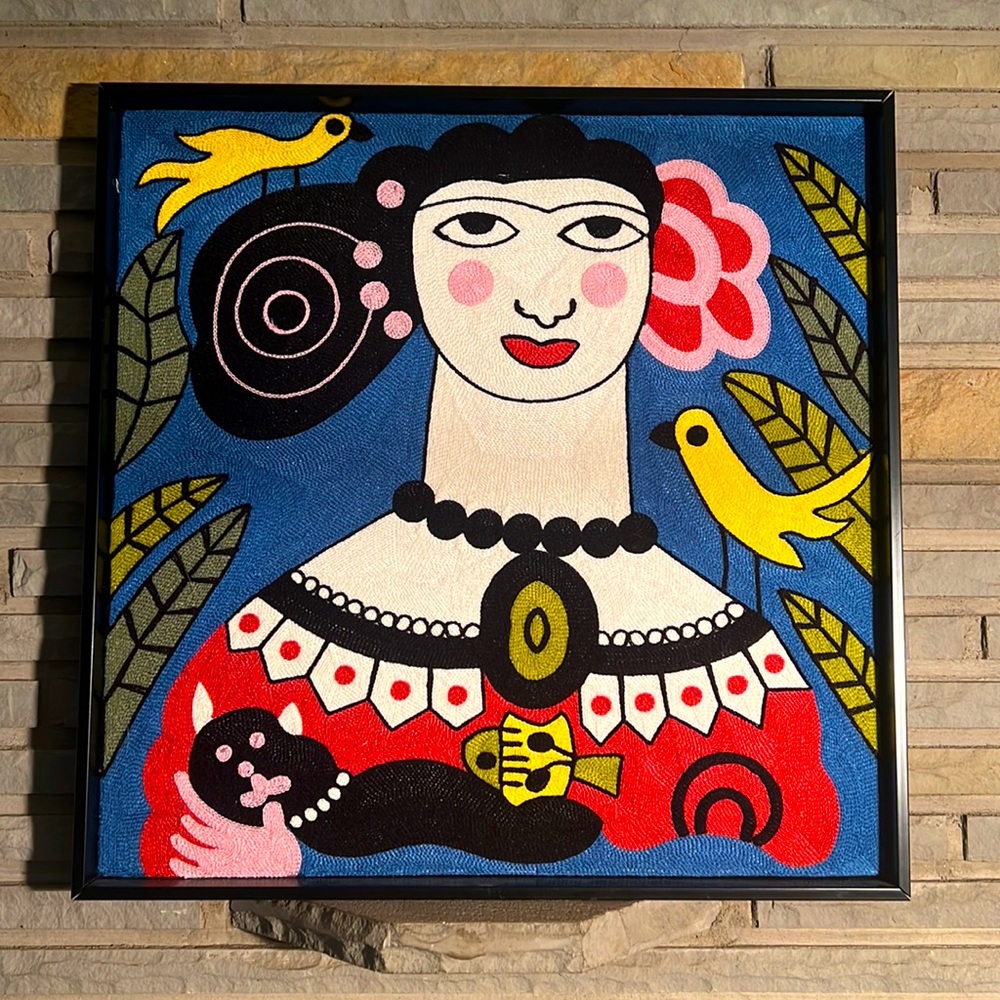 FRIDA KAHLO FRAMED EMBROIDERED YARN / STRING ARTWORK WITH CAT & BIRDS ✨ BOHO